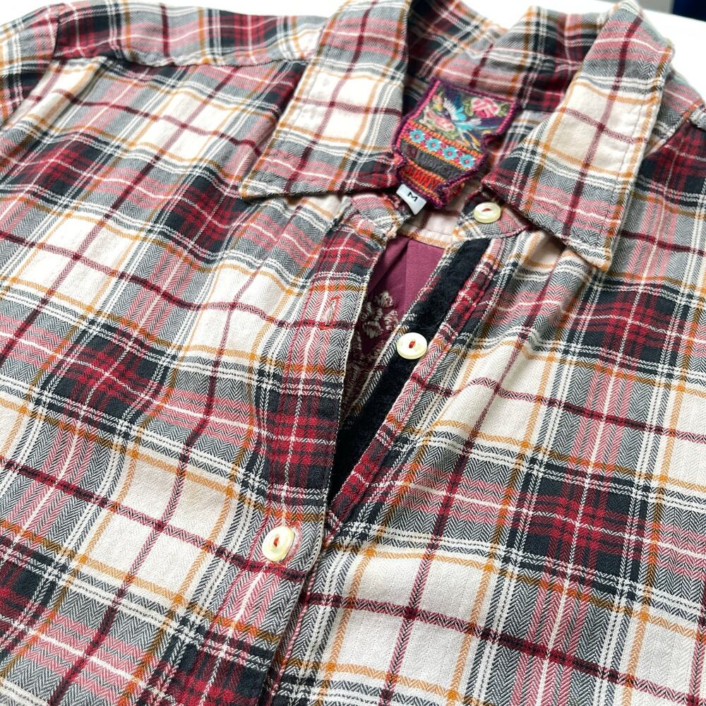 Johnny Was 3J Workshop Lorie Boho Plaid Button Down Embroidered Velvet Back Sz M - Picture 7 of 16